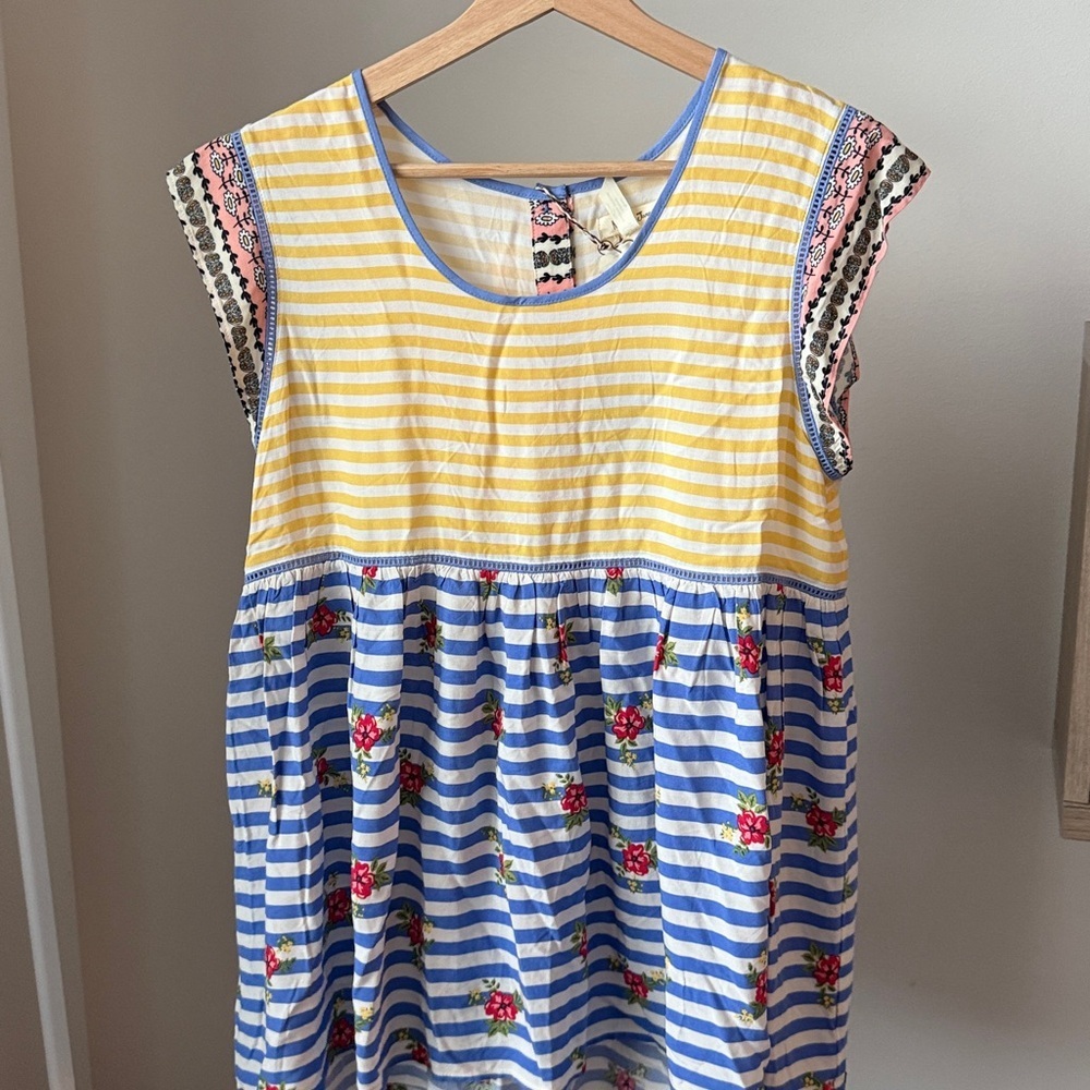 Matilda Jane Yellow & Blue Striped Dress with Red Floral Accents Size M - Picture 2 of 11
